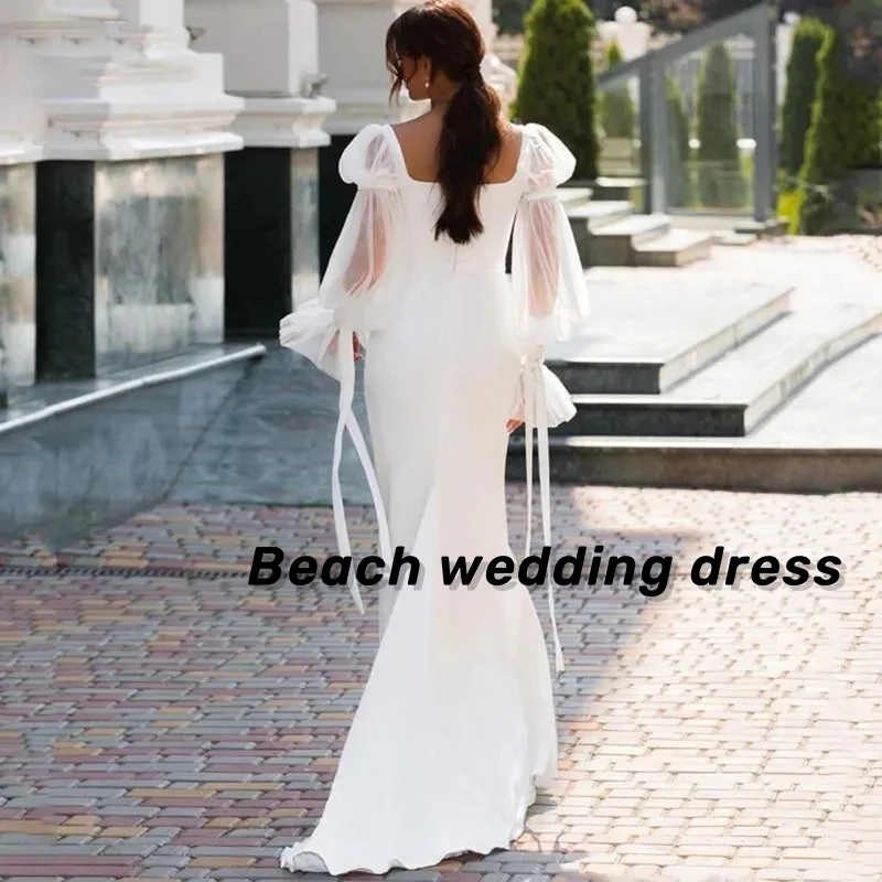 ชายหาดที่กําหนดเองชุดแต่งงาน Mermaid Square คอยาวพัฟแขนซาตินชุดเจ้าสาวเปิด Backless Brides Dress PLUS ขนาด