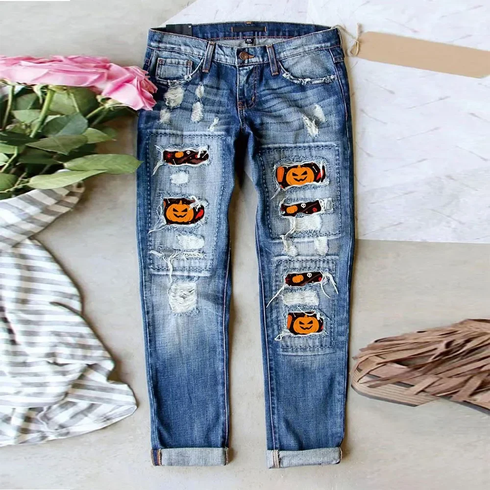 Hole Jeans Women Ripped Straight Pants Mid Waist Washed Distressed Halloween Print Ankle Length Trousers  Streetwear Denims