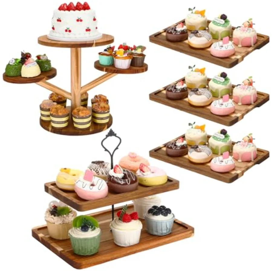 

5 Pcs Wood Dessert Table Display Set, 2 Tier Wooden Cake Stand 4 Tier Cupcake Tower 3 Rectangular Serving Tray Platter for Displ