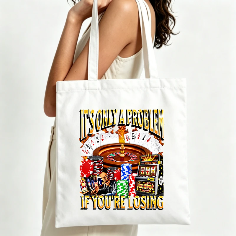 casino-themed canvas tote bag with typography print and gambling graphics, perfect for casual outings and weekend shopping