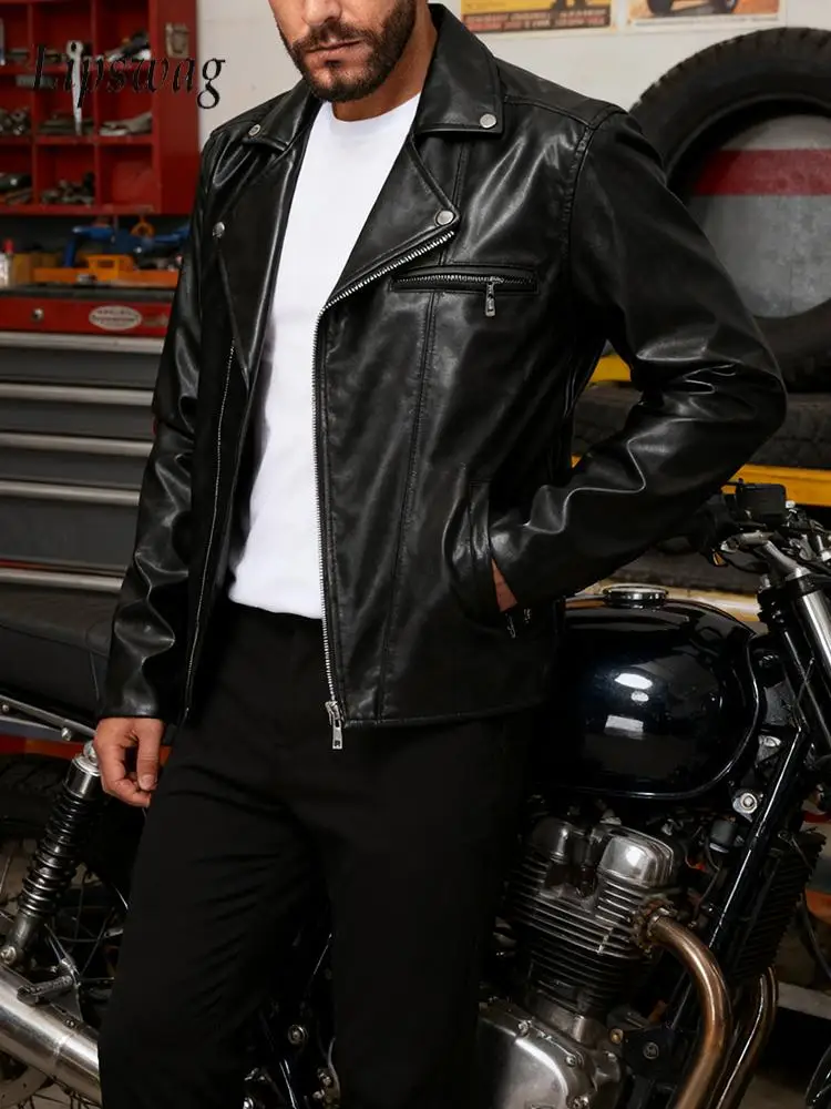 

Классические однотонные куртки из искусственной кожи, мужские весенне-осенние модные байкерские куртки, уличная мужская стильная тонкая кожаная куртка 5XL