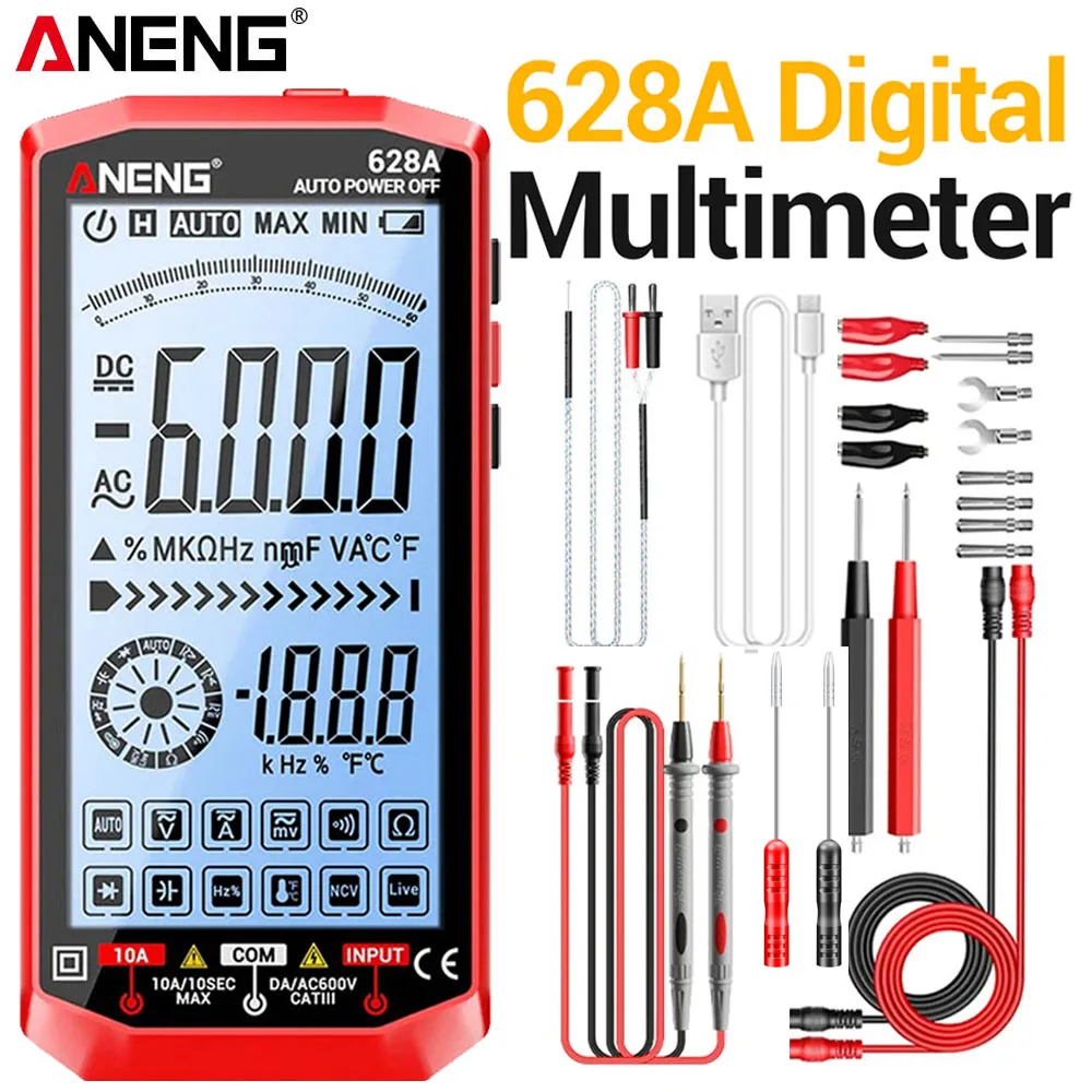 ANENG Digital-Multimeter-Tester, wiederaufladbar, hochauflösender, hintergrundbeleuchteter großer Bildschirm, 1000 V/10 A, biegsame Sonde, Elektriker-Werkzeuge, 628 A