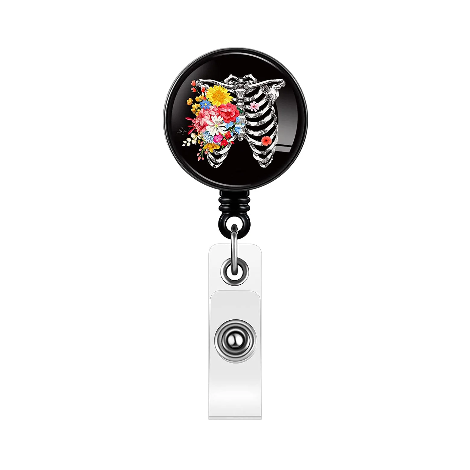 Carrete de insignia de enfermera de Hospital, Floral, Calavera, corazón, esqueleto, gotas de pegamento, soporte de identificación retráctil, soporte de tarjeta de nombre, llavero