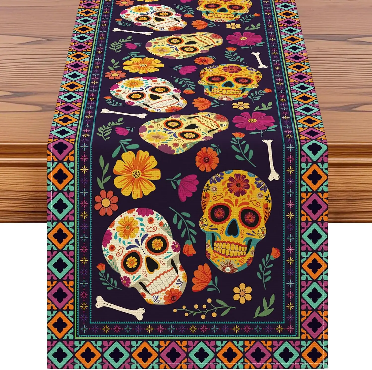 Mexican Day of The Dead Sugar Skull Table Runner Party Decor Reusable Kitchen Dining Table Runner Dia De Los Muertos Decorations