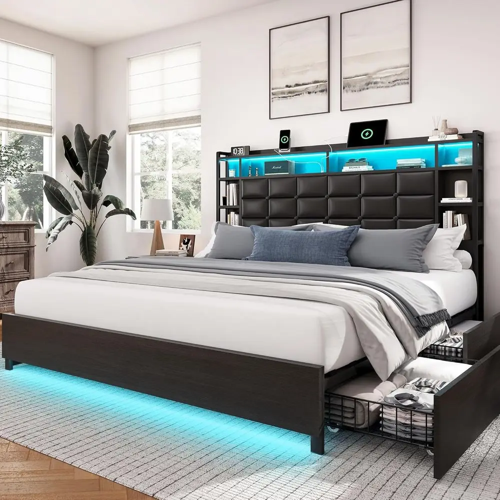 

Queen Size Leather Upholstered Wooden Bed with 4 Drawers, Bookcase, Charging Station, LED Lights - No Box Spring Needed, Black