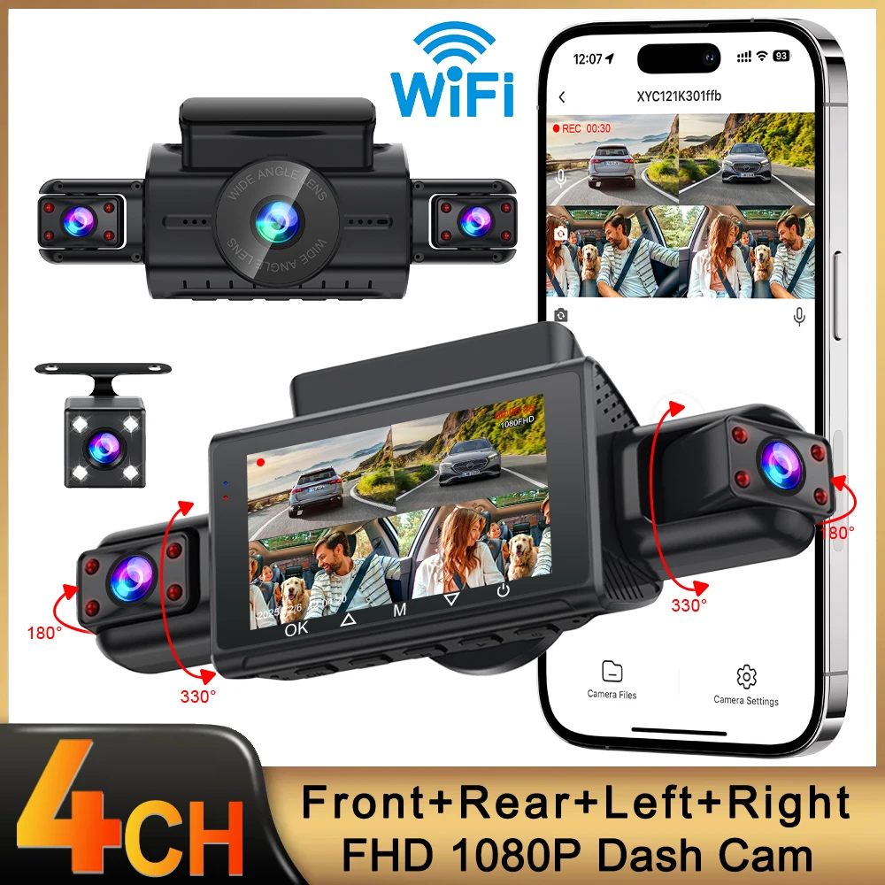 4Ch WiFi Dash Cam Car Camera Black Box Driving DVR FHD 1080P Front Left Right Rear Night Vision Loop Recording 24H Parking Mode