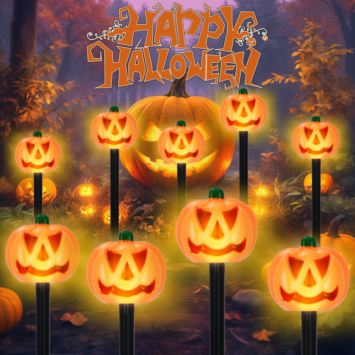 

Уличные украшения для Хэллоуина, гирлянды для дорожек с 9-мя тыквенными кольями Джека, огни для сада, двора, дорожки, лужайки, вечеринки