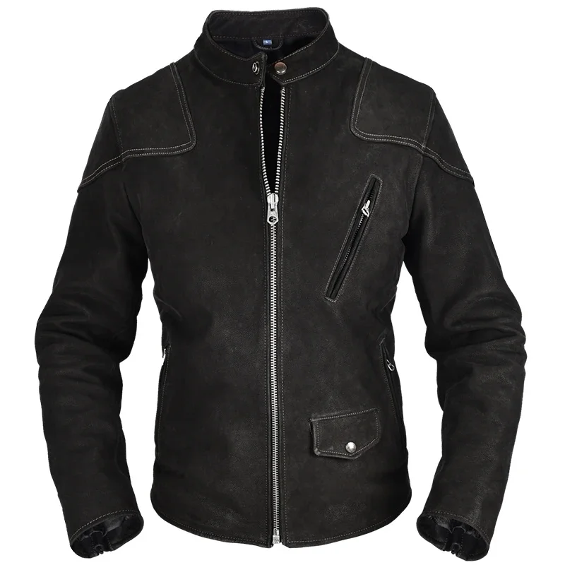 Black Stand Collar Slim Fit Leather Jacket Men Sports Style Plus Size 4XL Genuine Natural Cow Suede Autumn Coat