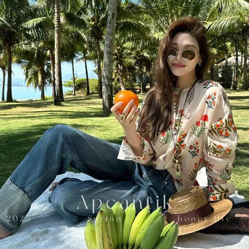 Blusas femininas de férias camisas coreanas moda solta primavera/verão roupas vintage impressas manga longa tops femininos