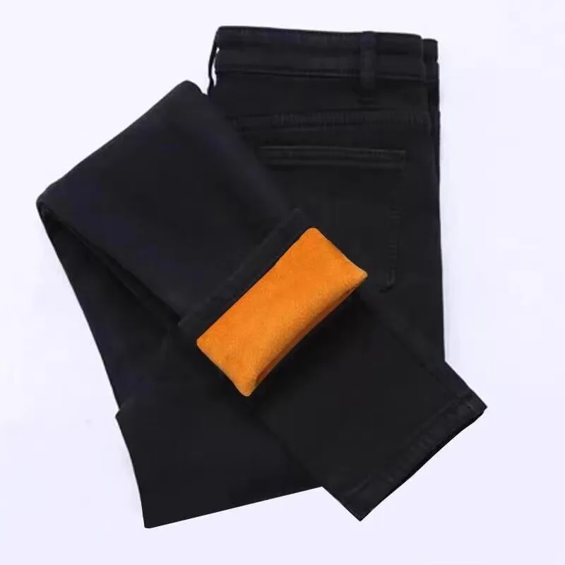 High Waist Thickened Fleece Denim Jeans Women's Winter Large Size Fat MM Outdoor Wear Tight Slimming Velvet Pants