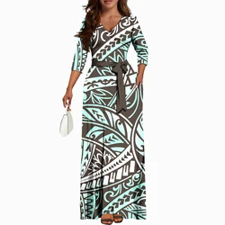 Hot Selling Tapa Polynesian Tonga Tribal Design Long Casual Dresses Island Dress Custom Plus Size Womens Dresses With Belt