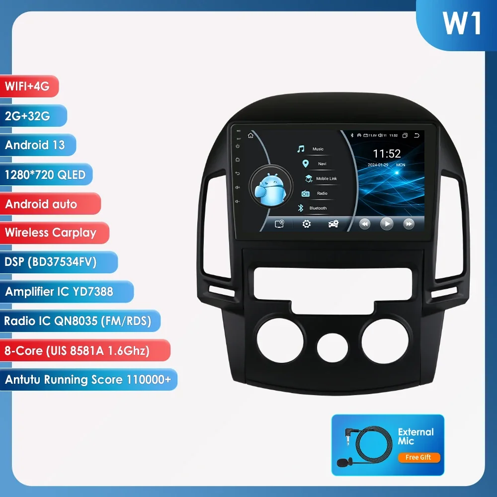 2din Android 13 Auto Radio Voor Hyundai I30 Op Mt 2006-2011 Auto Multimedia Speler Auto Carplay Autoradio Navigatore Gps Dsp 8581a - afbeelding 1