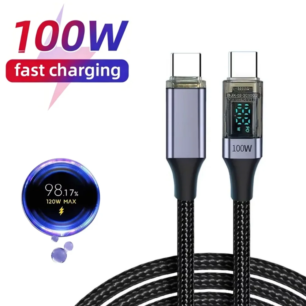 PD 100W USB-C Data Cable Type C To Type C Super Fast Charging Cord For iPhone 17 16 15 Pro Mix Digital Display Quick Charge Wire