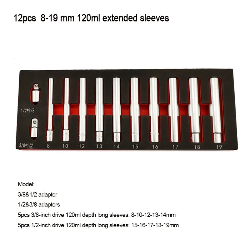 

12 piece extended deep sleeve set with 1/2 and 3/8 inch 120ml hexagonal and twelve corner inserts