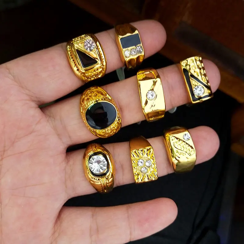 20pcs Large Size Rings Gold Color Plated Zircon Men Hip Hop Party Gift Night Market Stall Handmade Jewelry