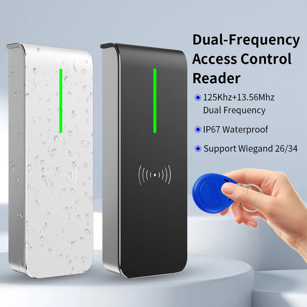 

12V RFID Proximity Card Reader IP67 Waterproof 125KHZ+13.56MHz RFID Card Reader Wiegand26/34 for Access Control AN90R