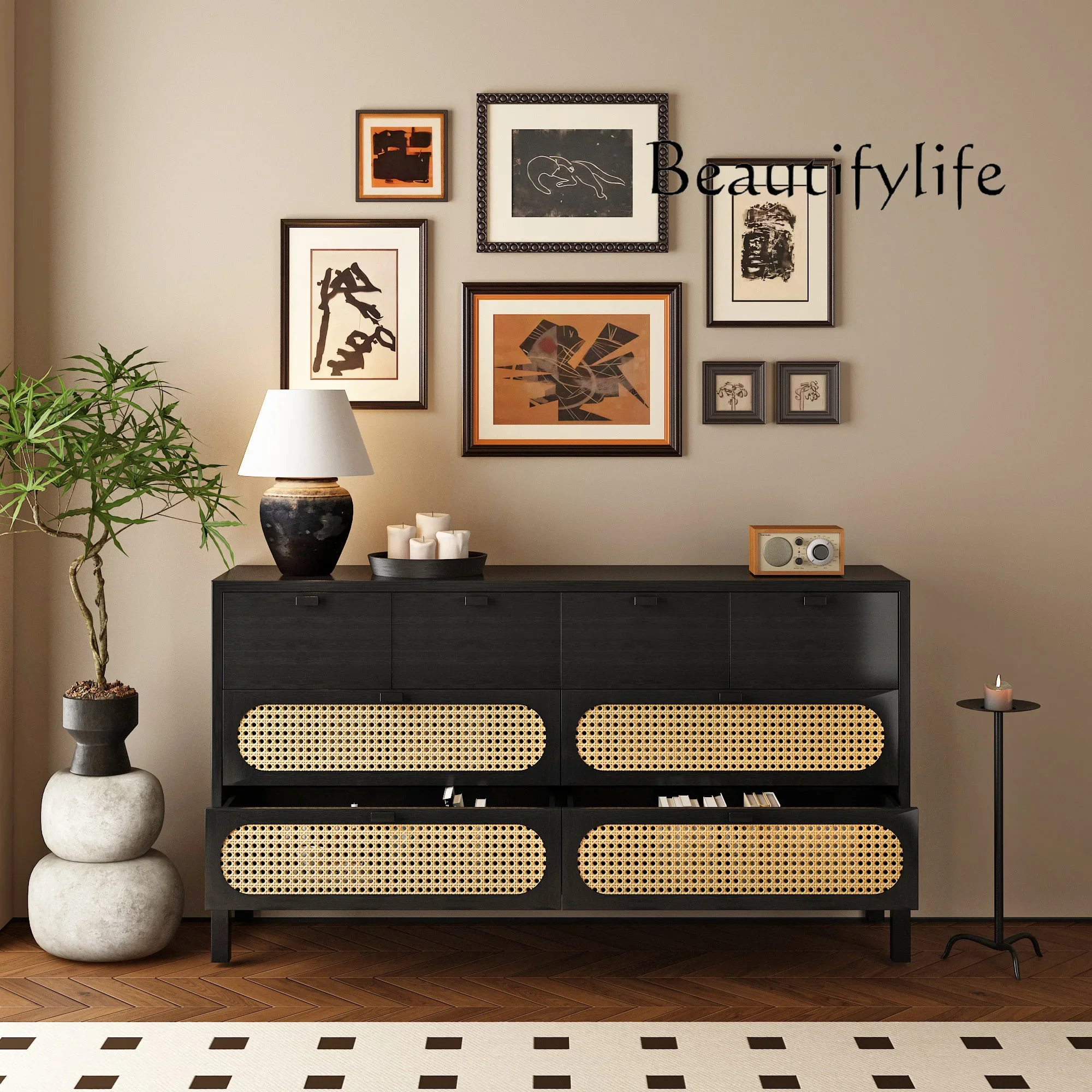 

household simple wall decoration storage cabinet Nordic medieval solid wood large-capacity drawer cabinet
