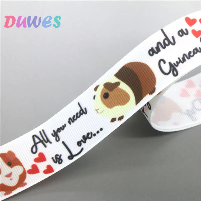 DUWES 50yards All You Need Is Love Guinea Pig Printed Grosgrain Ribbon Accessories Material Decoration DIY Sewing Craft D1857