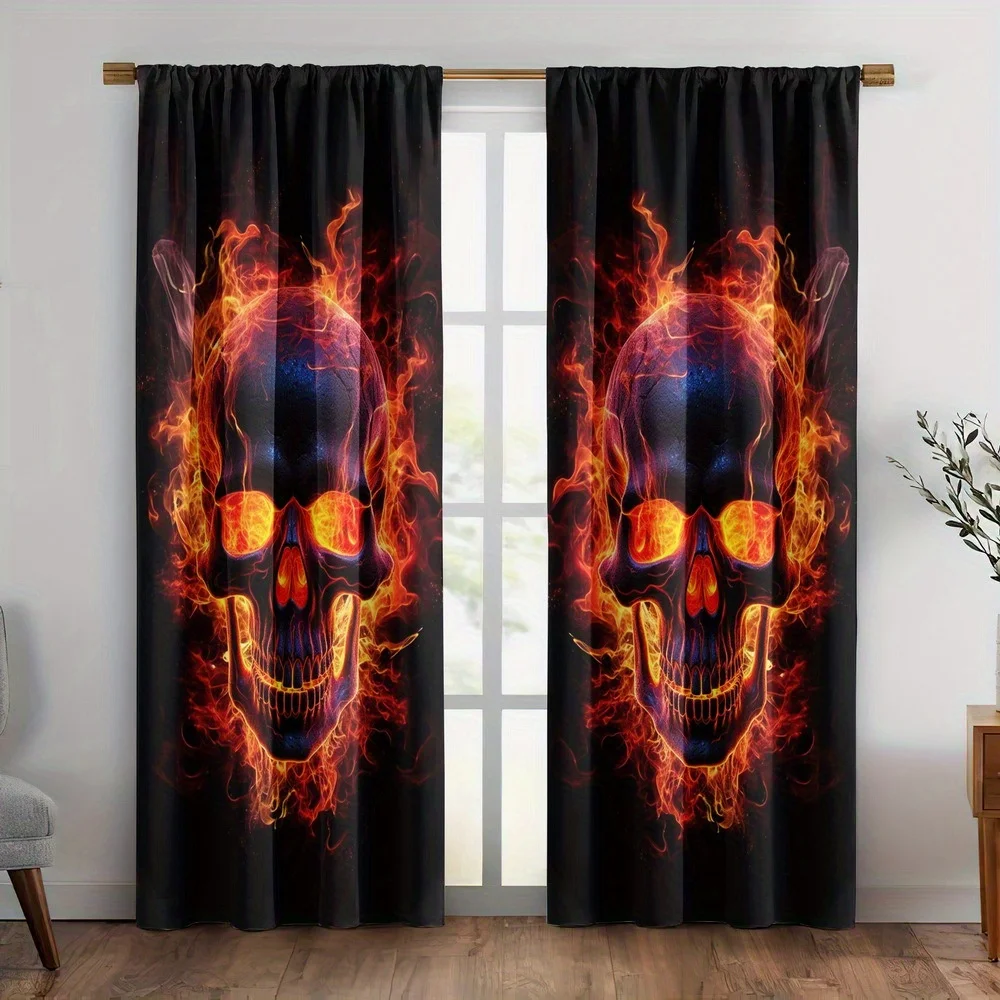 3D  Skull Curtains,  Skeleton Print Drapes, Cool Gothic Window Treatment for Boys Bedroom Game Room Decor, Blackout