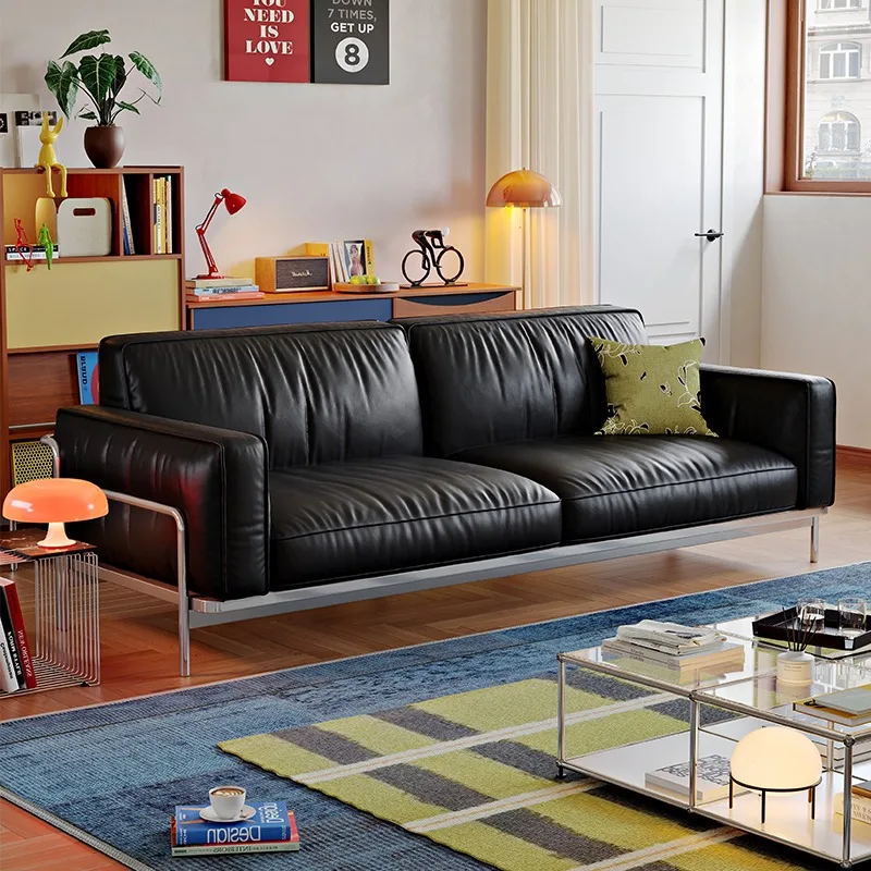 Modern simple cloister sofa, medieval Bauhaus black first-layer cowhide small apartment living room stainless steel sofa