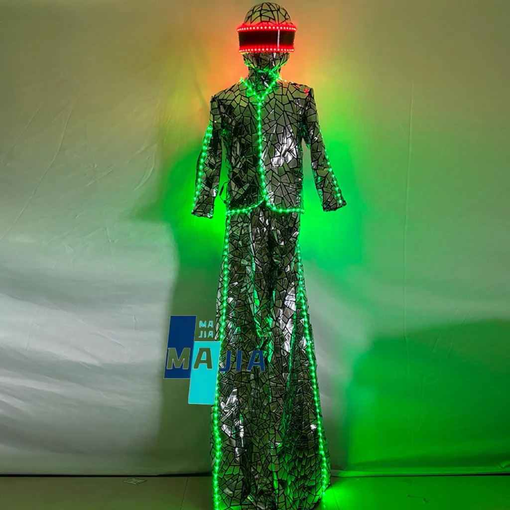 LED Costume Stilts Walker Full Set with Auto Color Changing Mirror Sequin Fabric Glow-in-the-Dark Performance Suit for Cosplay S