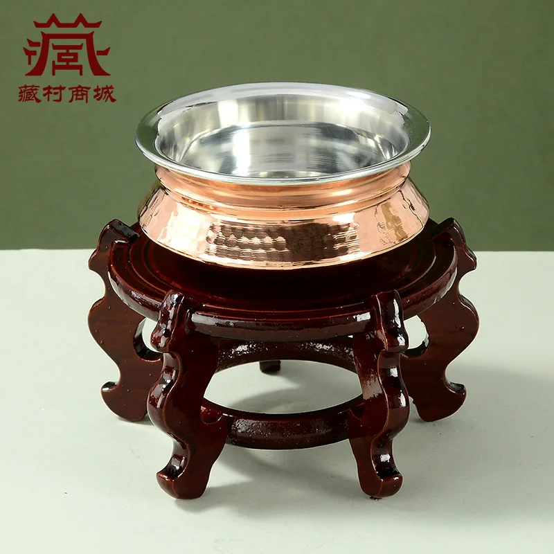 Buddhist water offering cup, Tibetan-style, for home use, indoor sacred water bowl with a wooden base, decorative tabletop ornam