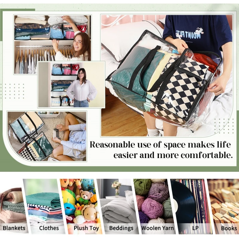 

40/60/90L Clear Zipper Clothes Storage Bag,waterproof PVC Moving Bag for Comforter,Blanket,Bedding,Toy,Foldable Closet Organizer