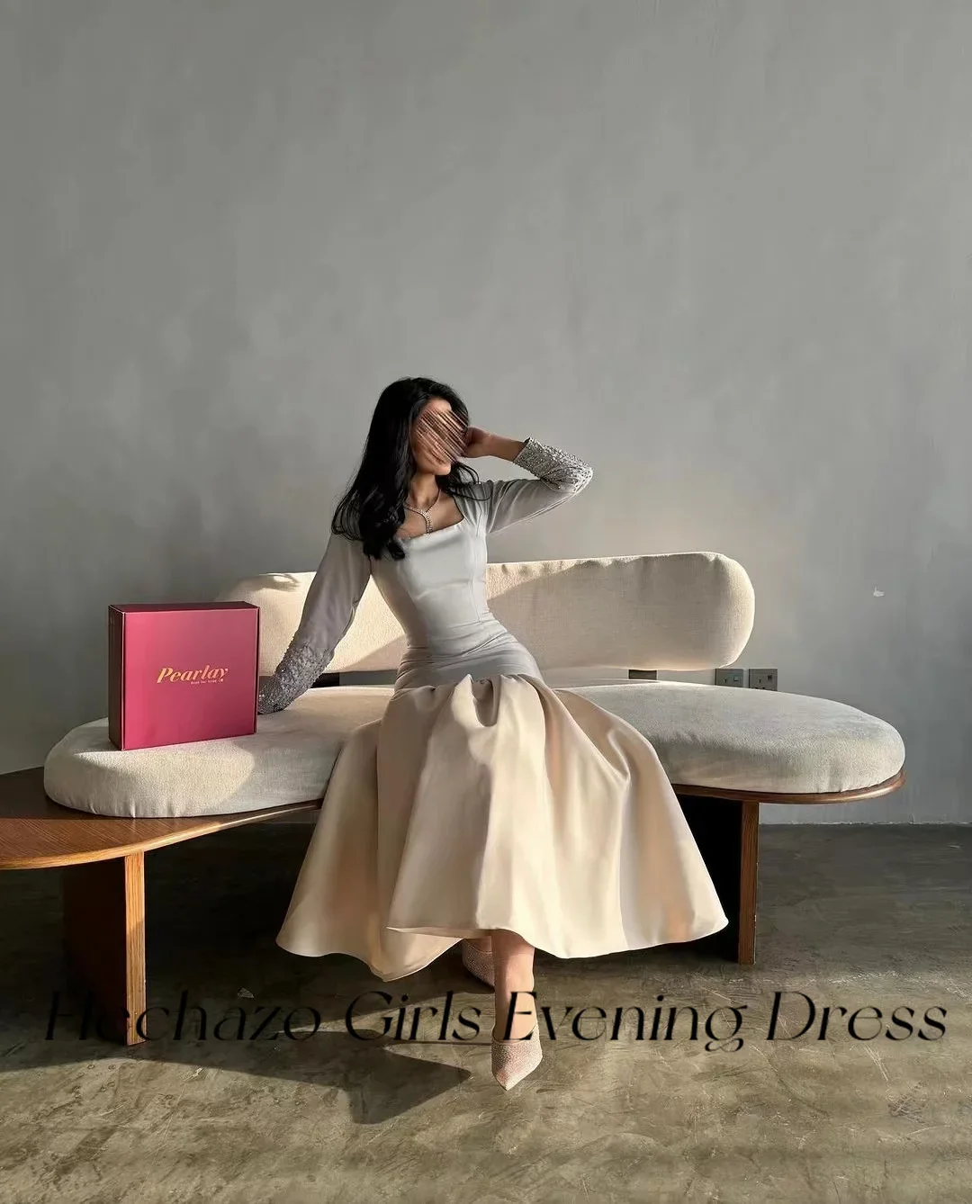 Flechazo New Evening Dresses Square Neck Full Sleeve Beading Mermaid Sheath Formal Occasion Dress For Women 2024 فساتين السهرة