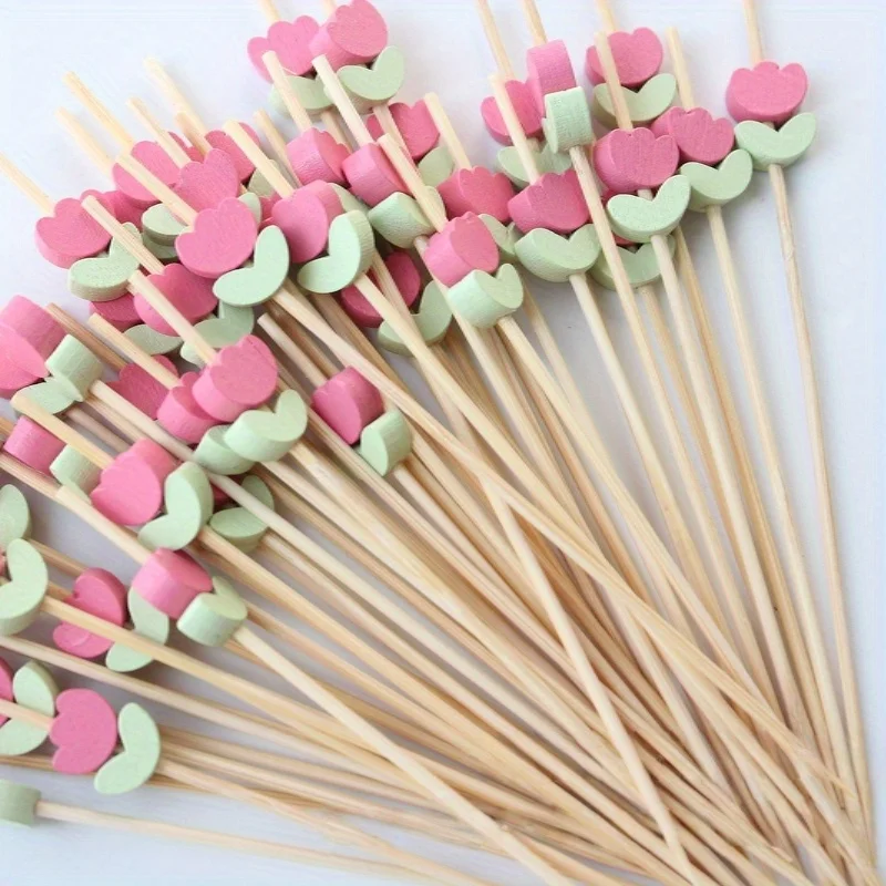 100pcs Tulip Bamboo Fruit Picks, Pink Flower Decorative Cocktail Sticks for Cupcake Dessert Party Decor