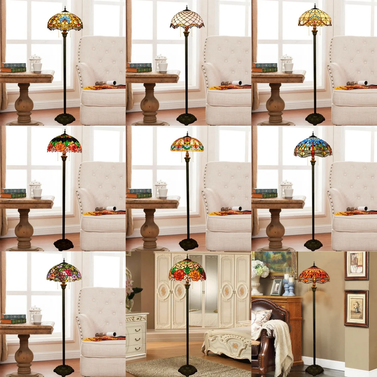 Tiffany Floor Lamps Vintage Mediterranean Home Decor Standing Desk Light for Living Room Bedroom Stained Glass Lighting Fixtures