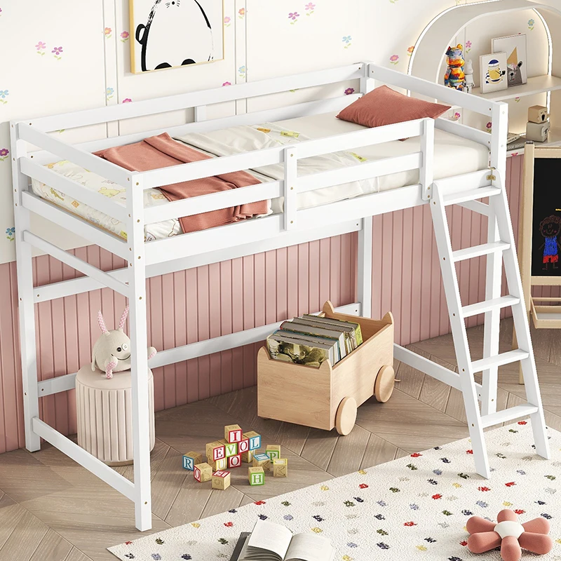 Twin Size High Loft Bed with inclined Ladder, Guardrails There is abundant storage space for books