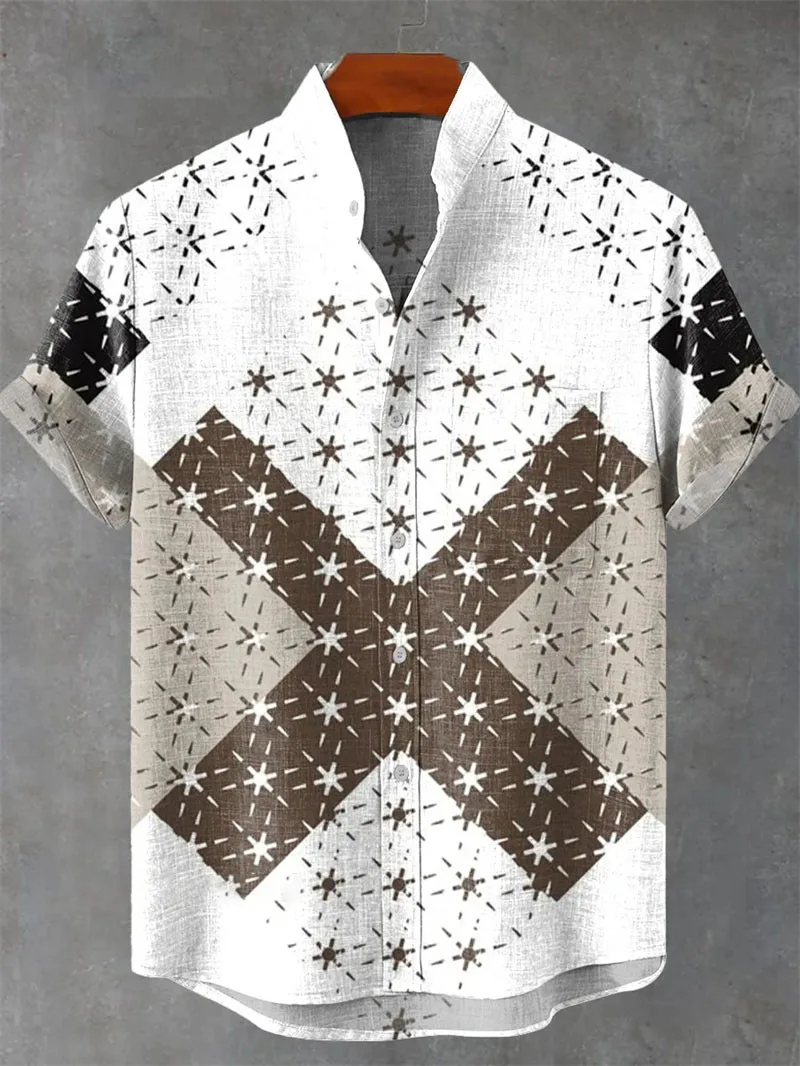 

Men's ethnic style pattern design casual top printed shirt short sleeved shirt button fashion top