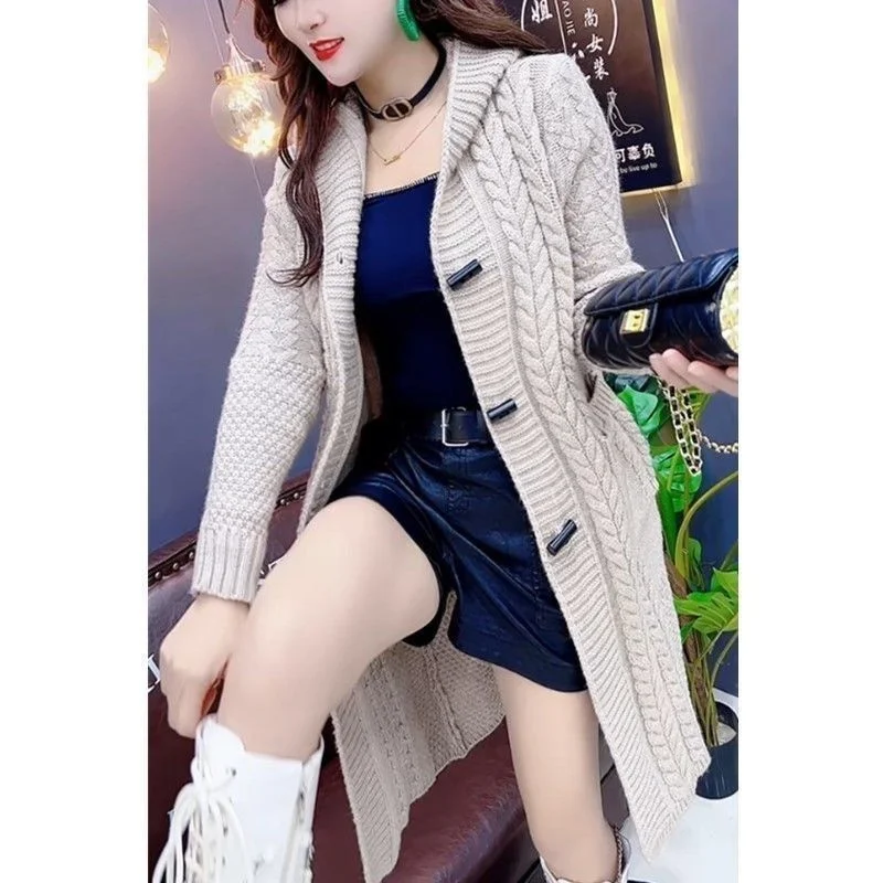 2024 Hooded Wool Knitted Cardigan Coat Women Autumn Winter New Long Jacket Heavy Jacquard Outwear Large Size Sweater Tops Female