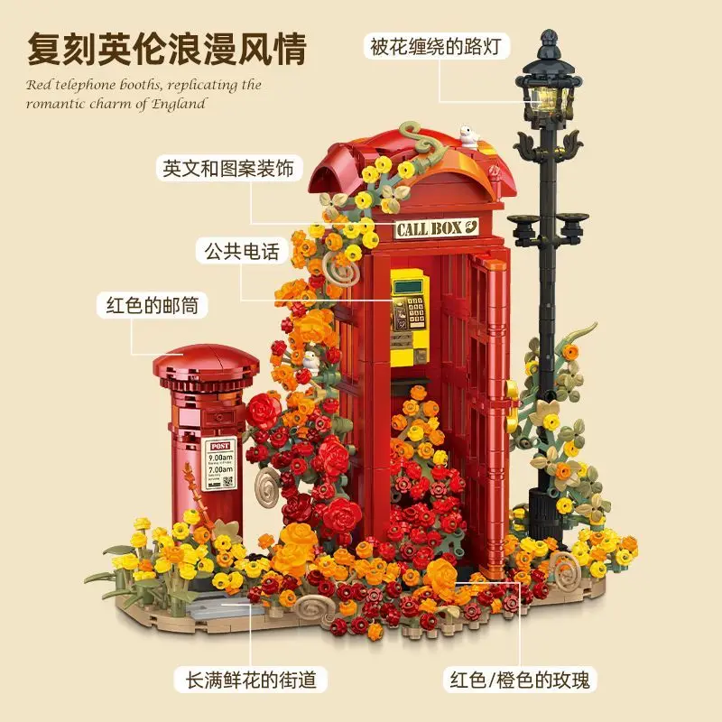 JJ9207 Vintage British Red Telephone Booth Series  Type Creative Bricks Decoraiton Toys For Children Adult Gifts static Boy's Gi