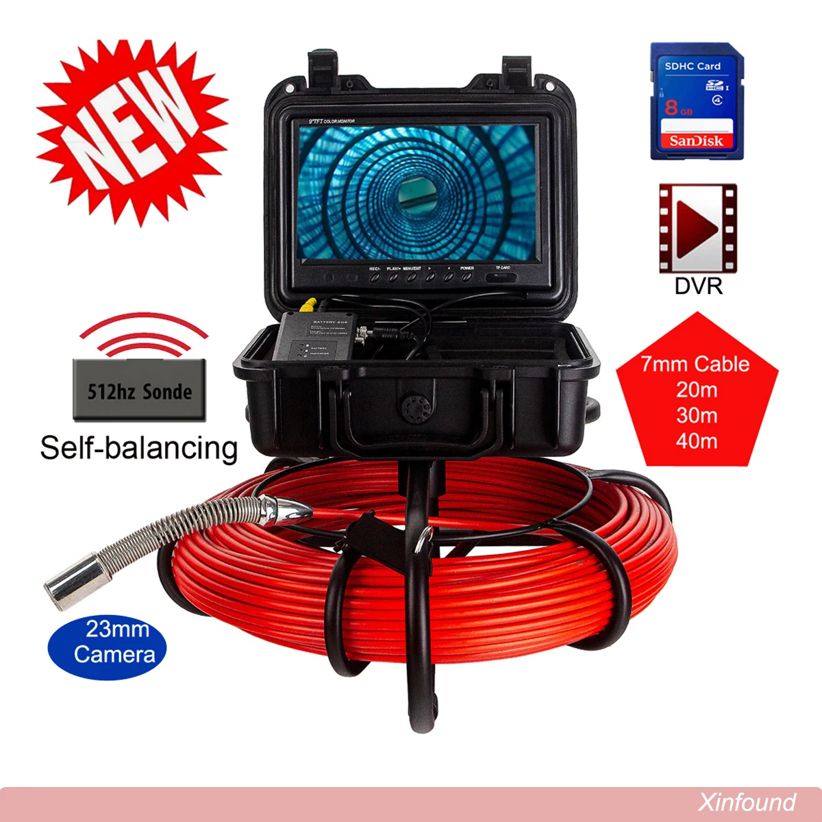 7mm Red Cable DVR 20-50M HD Screen Pipe Inspection Camera,IP68 Drain Sewer Pipeline Video Industrial Endoscope Plumbing Camera