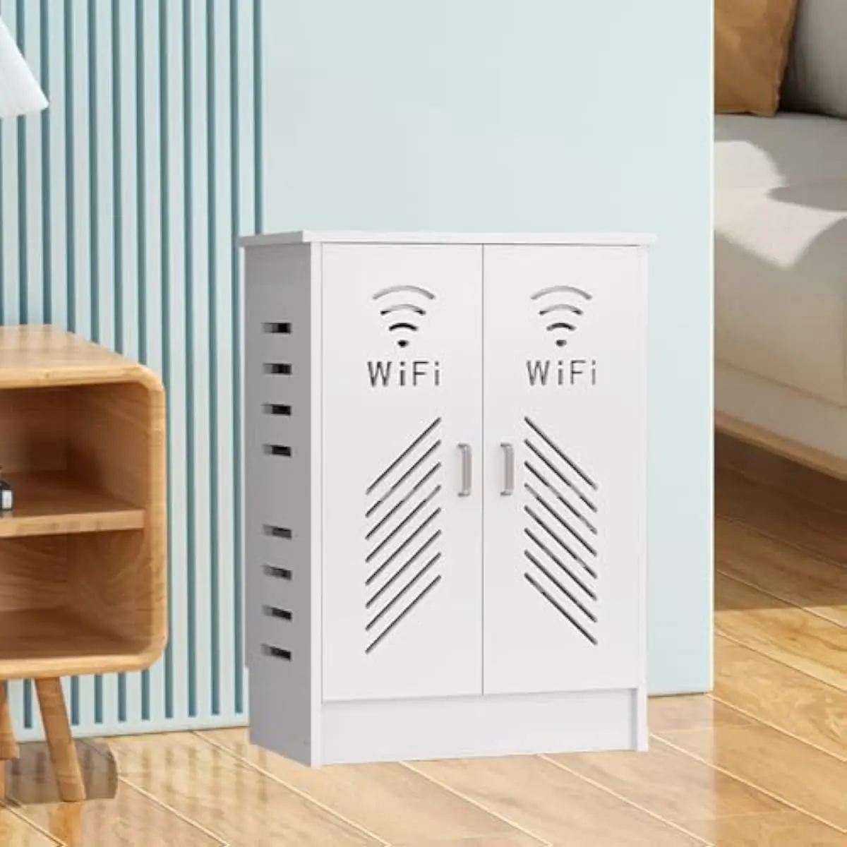 Floor Standing PVC Router Cabinet with Ventilated Panels Adjustable Shelves and Smooth Surface for Hotels Offices Living Rooms S