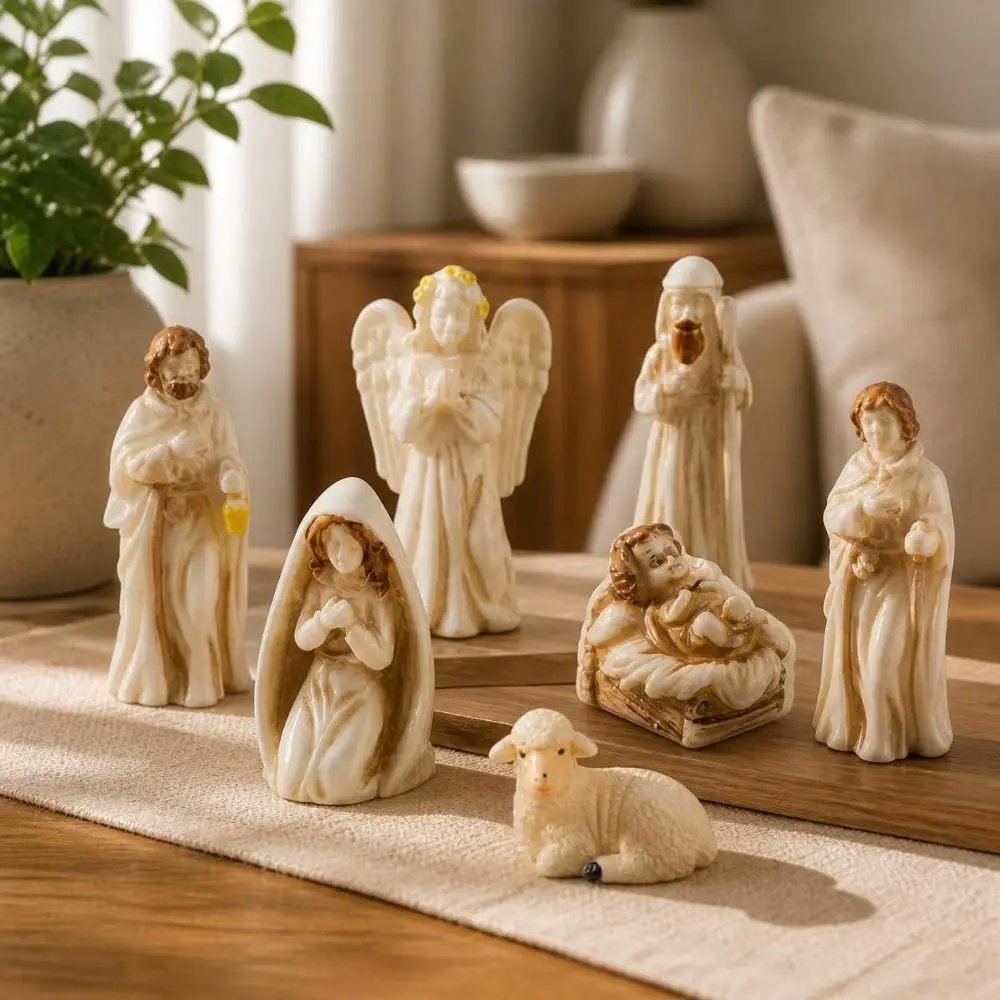 7Pcs Miniature Nativity Scene Figurine Set Resin Craft Small Figurine Jesus Virgin Mary Figurine Desktop Scene Collectible