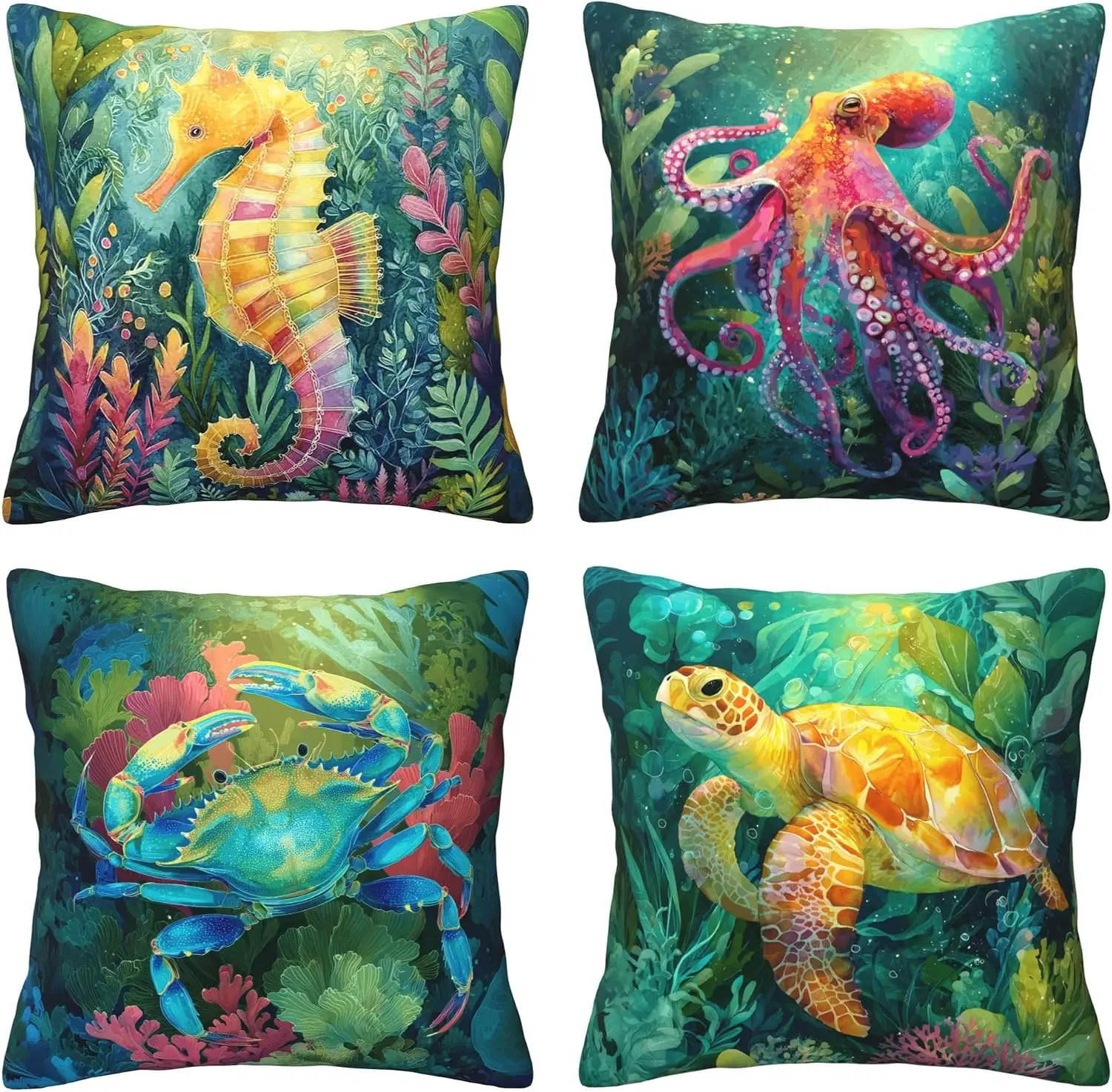 Set of 4 Ocean Life Throw Pillows Mermaid Octopus Crab Sea Turtle Marine Underwater Cushions Tropical Nautical Boho Home Decor D