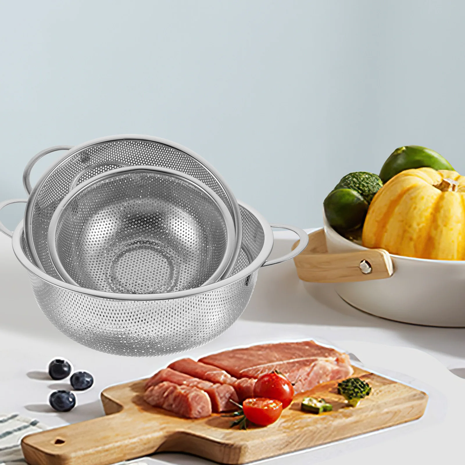 

3Pcs Stainless Steel Colander with Fine Mesh Drain Container for Fruits Vegetables Rice Washing Kitchen Use Colander