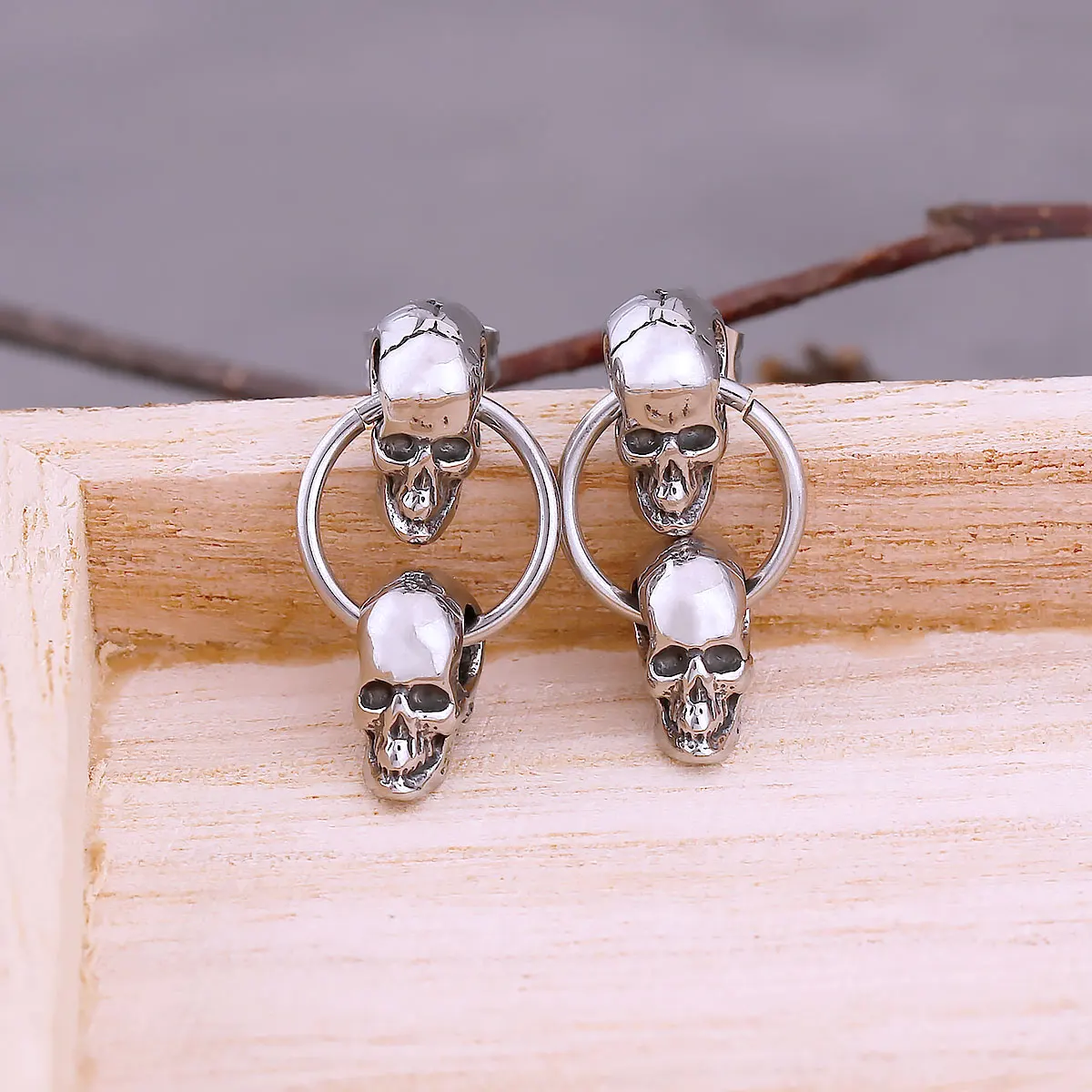 Gothic Doppel Schädel Kopf Tropfen Ohrringe Männer Frauen Punk Hip Hop Stil Edelstahl Ohrringe Vintage Party Club Schmuck Geschenk