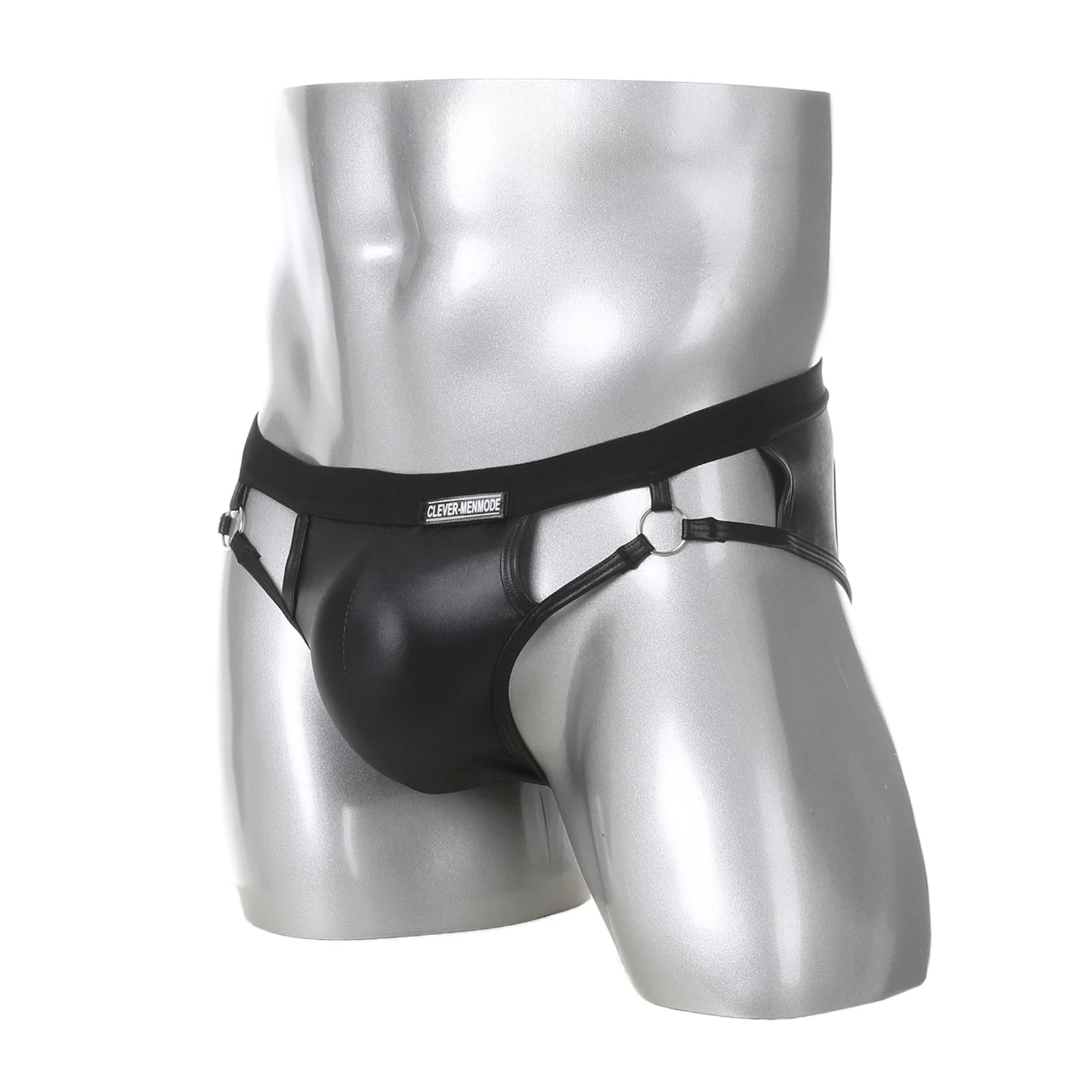 Slip Uomo Sexy con Tasca per Pene in Ecopelle PU, Jockstrap con Anello in Metallo Nero Senza Schienale