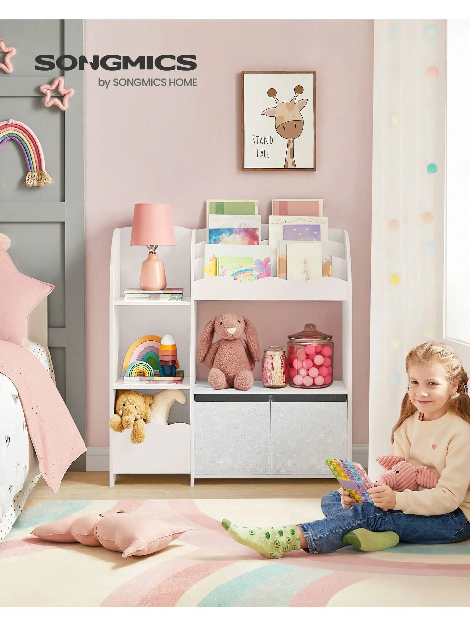 Mensola giocattolo SONGMICS, libreria per bambini, armadio per camera da letto con 2 contenitori per giocattoli, sala giochi, soggiorno, grigio