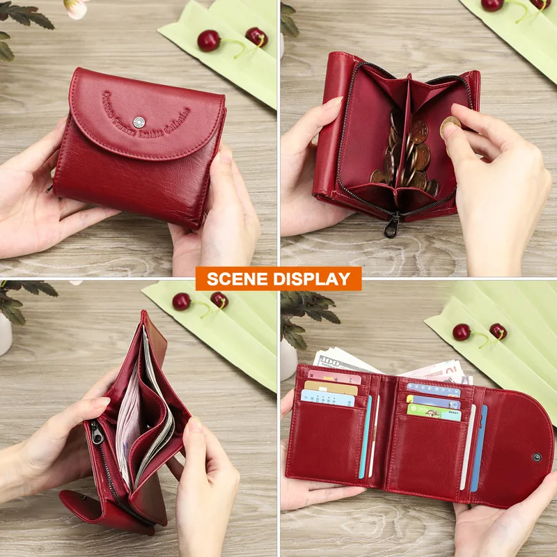 Anti-theft Brush Waterproof Top Layer Cowhide Women's Wallet 30% Fashion Casual Girl's Coin Storage Bag Red Green Black