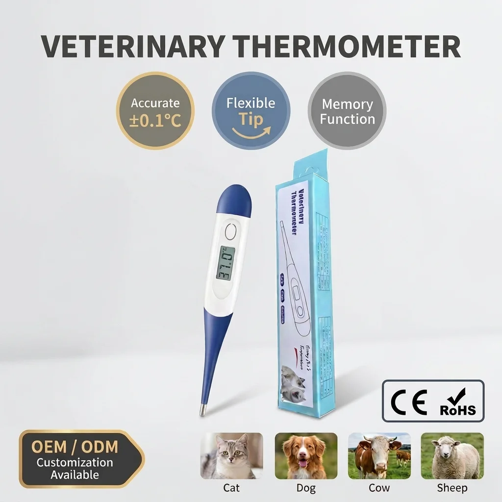 Veterinary Digital Thermometer Flexible Tip Accurate Pet Temperature Meter Fever Alarm Memory Function for Dog Cat Cow Livestock