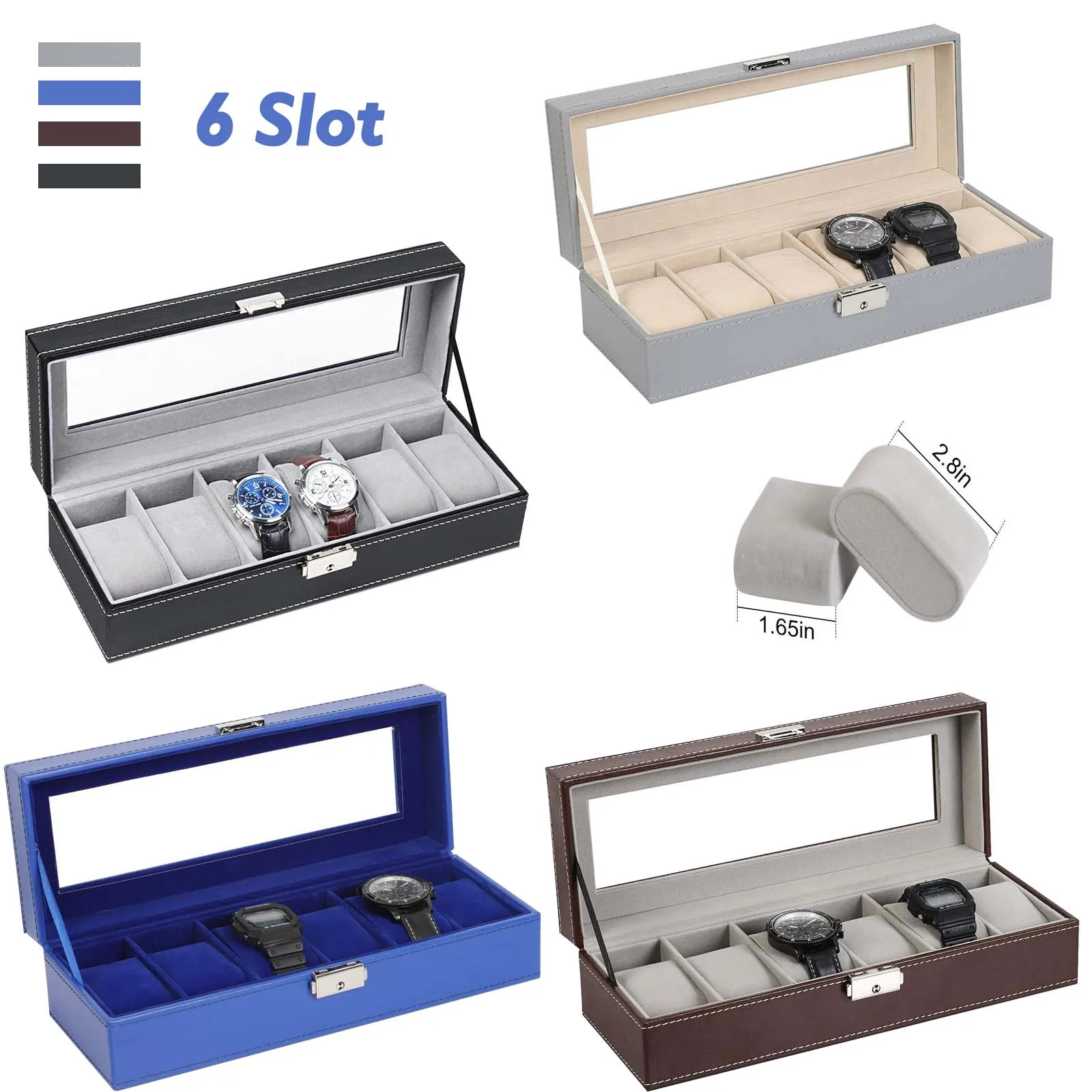 6Slot Leather Watch Box Organizer Mens Watch Display Case Jewelry Storage Holder