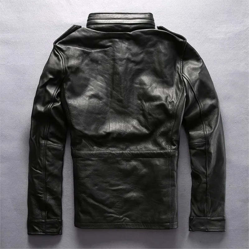 A leather with stand-up collar and multiple pockets casual thickened cowhide