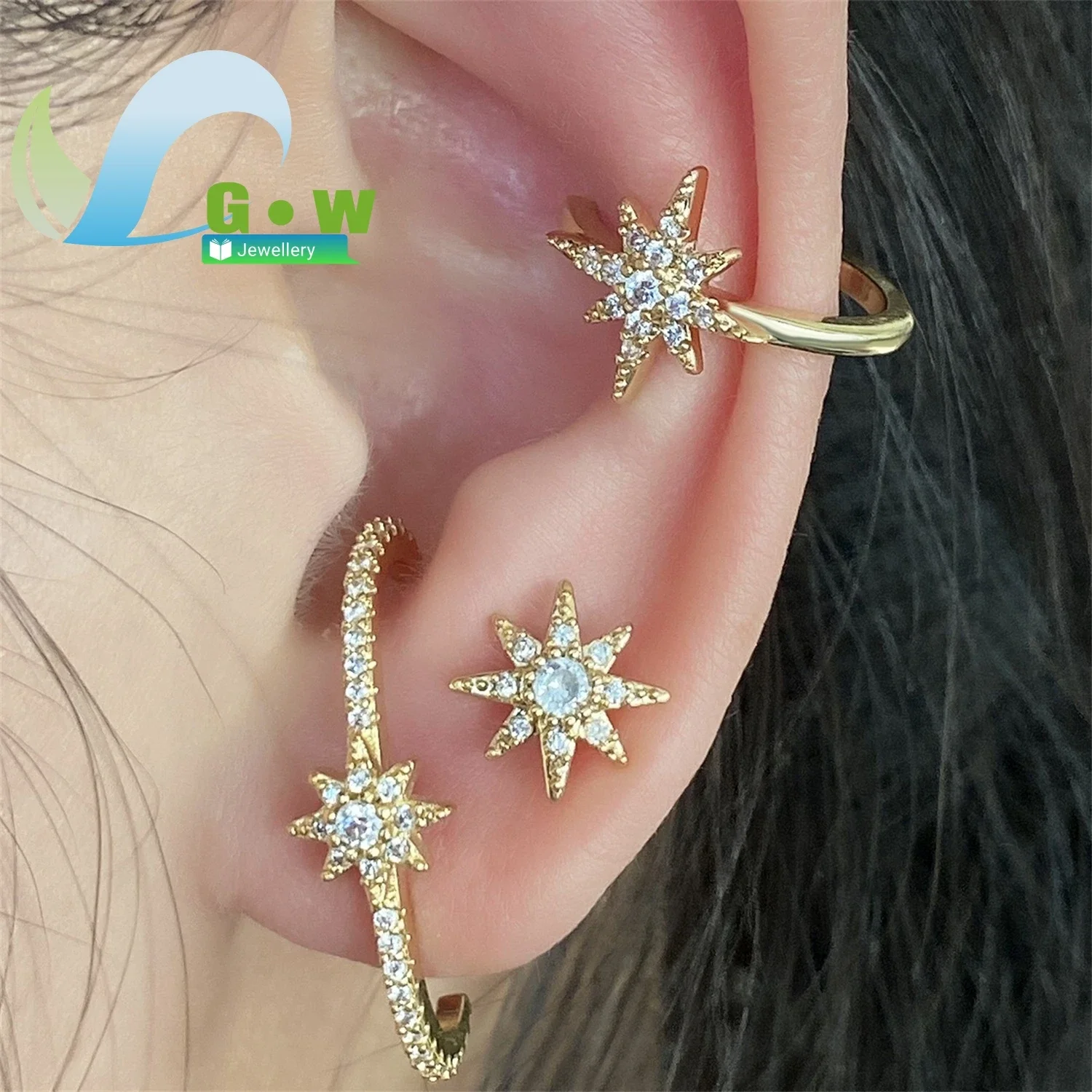Gold Plated Star Stud Earrings Set for Women Micro Inlaid Zirconia Geometric European American Style Fashion Daily Jewelry