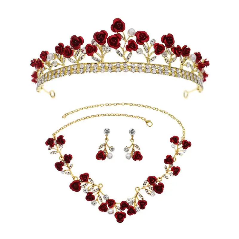 

ZANLLOY Luxury queen women diadem bridal hair accessories crystal princess tiara red rose flower crown for wedding party