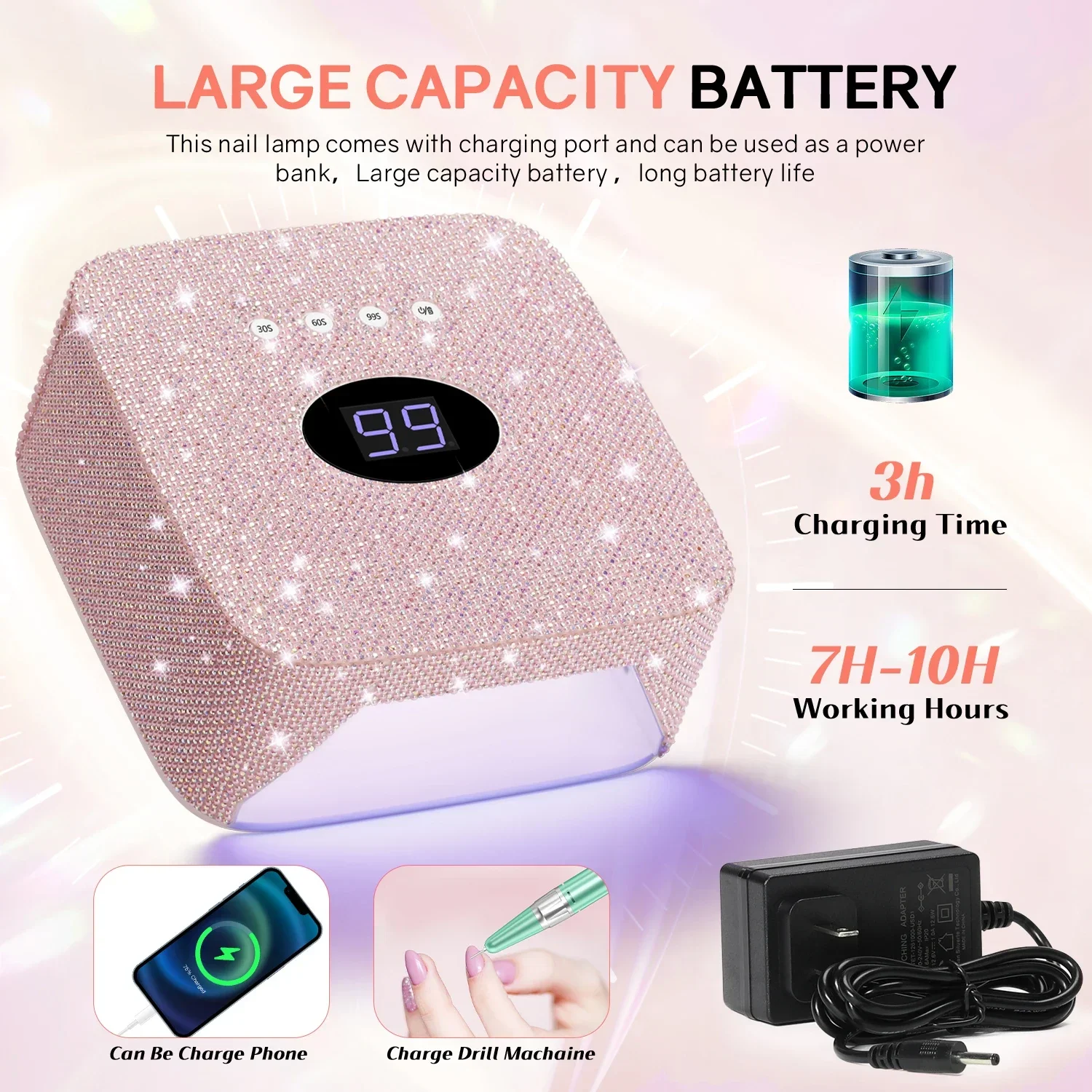 DianaBeauty UV เล็บโคมไฟชาร์จไร้สายเครื่องอบแห้งสําหรับเล็บ 30 LEDs UV โคมไฟสําหรับเล็บ UV Cabin Light Nail Art