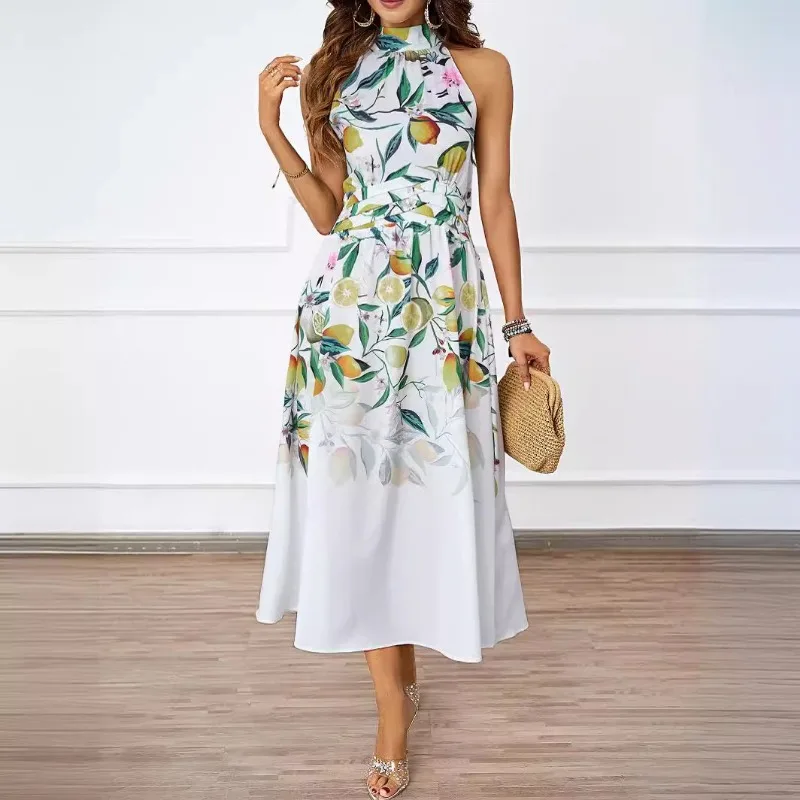 Новинка лета 2025 года, модное платье для похудения с висячим вырезом и принтом на талии для женщин, элегантное длинное платье без рукавов для актрисы